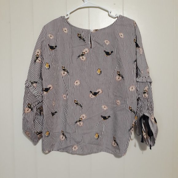 Nanette Lepore Medium striped bird summer spring Print Tie Bell Sleeve Blouse - Picture 2 of 10
